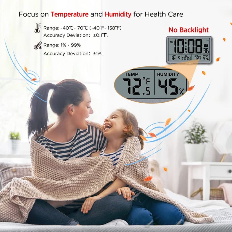 WallarGe Auto Set Digital Wall Clock Battery Operated  Desk Clocks with Temperature  Humidity and Date  Large Display Digital Calendar Alarm Clock for Elderly  Bedroom  Office  8 Time Zone  Auto DST. - Image 2